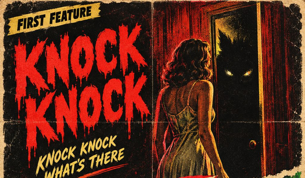 Poster art for Knock Knock: a woman in a slip opens a door on a pair of glowing eyes.